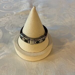 Leather Silver Tone Cross Link Bracelet